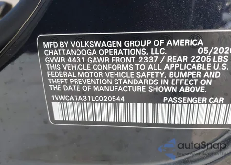 2020 Volkswagen Passat 2.0T Sel z USA, uszkodzony, nr VIN 1VWCA7A31LC020544